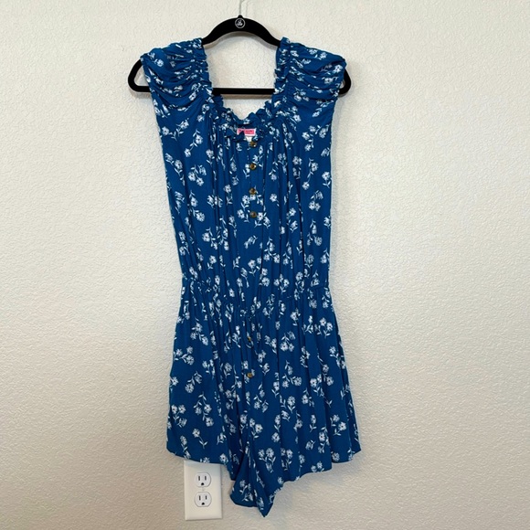 kate spade Pants - Kate Spade Blue Macaw Romper, Floral off the Shoulder. Size Small. Fits XS-M